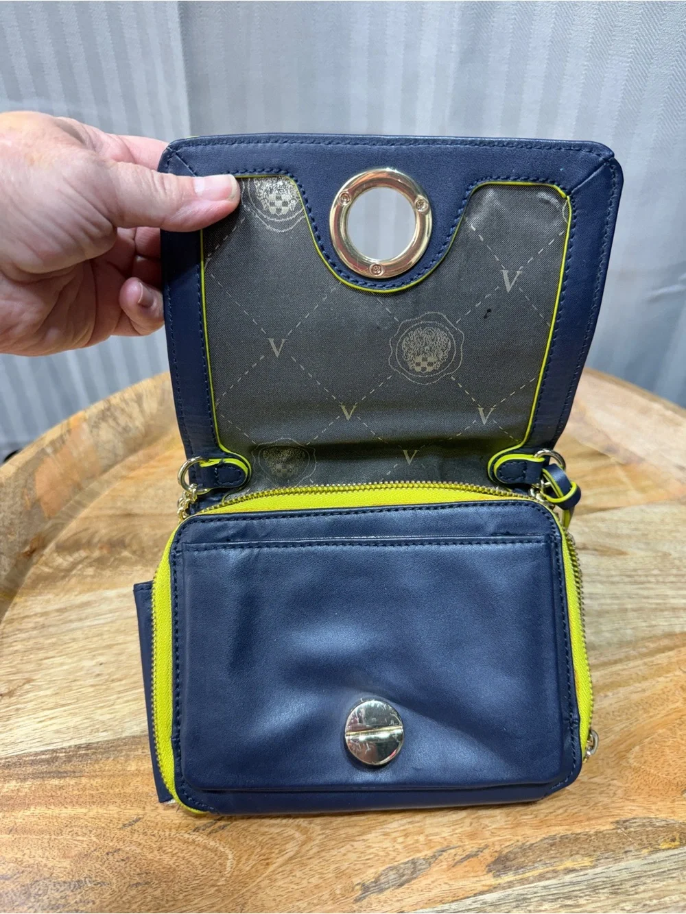 Mini Crossbody Bag Vince Camuto Navy Neon Lime Preppy Gold Chain Purse